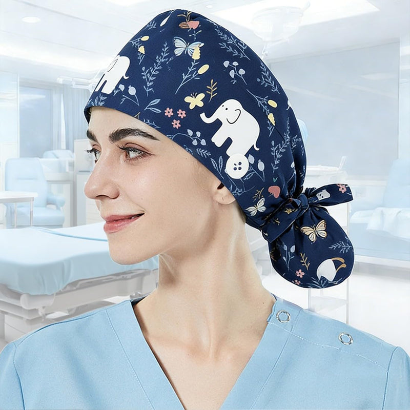 Surgical Caps, Women's Long Hair, Surgical Caps, Fabric Nurse Accessories for Doctors, Doctor Headgear, Comfortable Cover for Medical Procedures, Suitable for Long Hair, Elephant (Dark Blue)