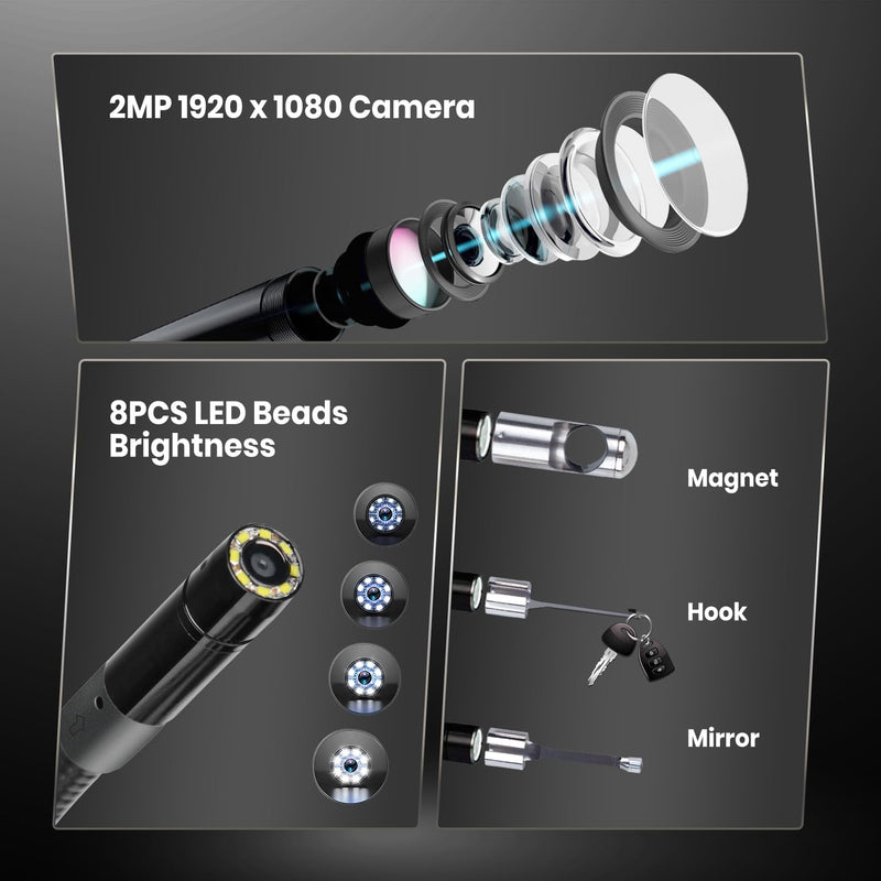 [Australia - AusPower] - Autel MaxiVideo MV108S Digital Inspection Camera, 2MP 1920x1080, Waterproof USB Endoscope, 8.5mm Ultra-Slim Borescope Snake Camera + LED Light, Work with Autel Scanner & PC, MV108 MV105S MV105 Upgrade 