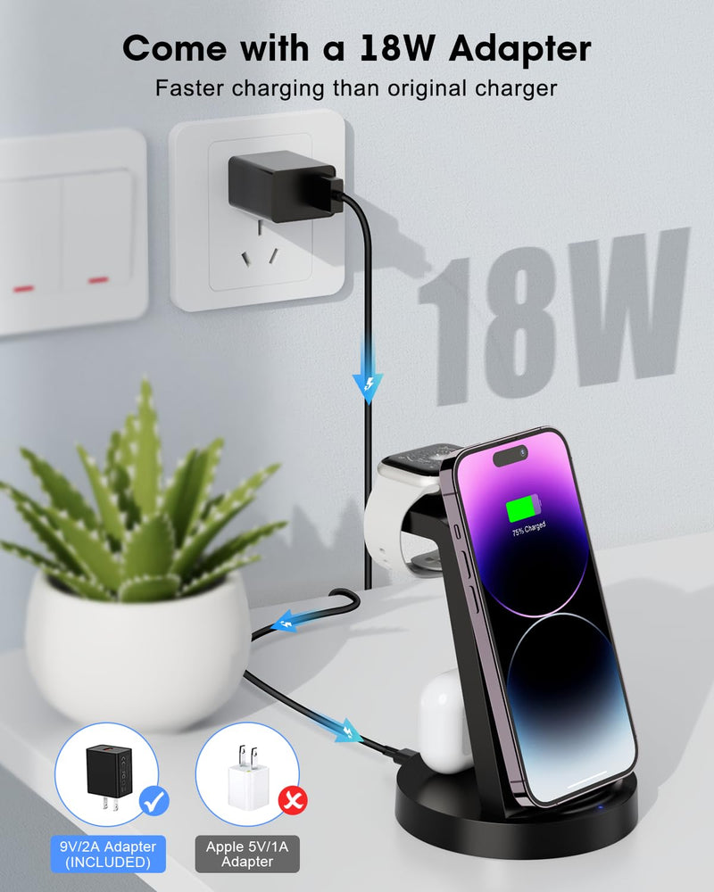 [Australia - AusPower] - 3 in 1 Charging Station for Apple Device, Wireless Charger for iPhone 15 14 13 12 11 Pro Max & Apple Watch iwacth - Charging Stand Dock for AirPods Black 