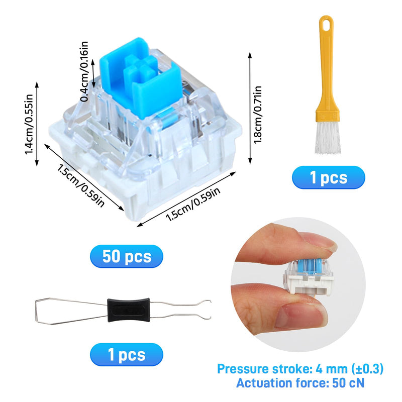 Pack of 50 Transparent Blue Axis Switches, Clicker Switches 3-Pin | Mechanical Keyboard Clicker with Puller and Cleaning Brush, Dustproof Switch for Gaming Keyboards, Typing, PC Accessories