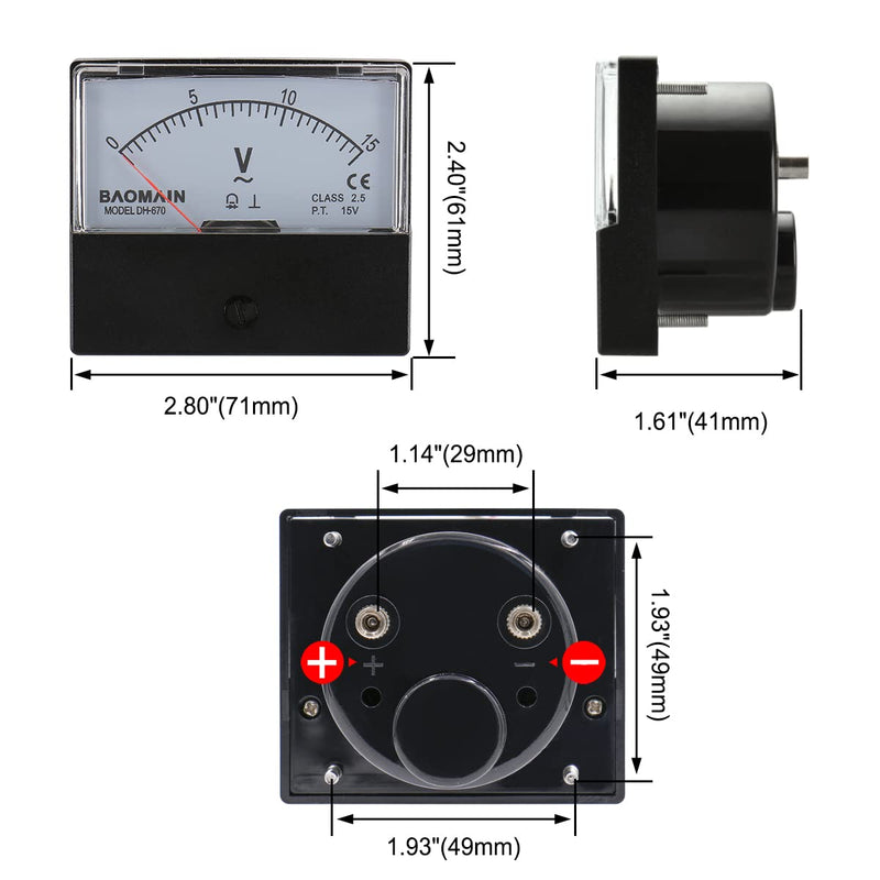 [Australia - AusPower] - Baomain Voltmeter DH-670 AC 0-15V Rectangular Class 2.5 Analog Panel Volt Voltage Meter 