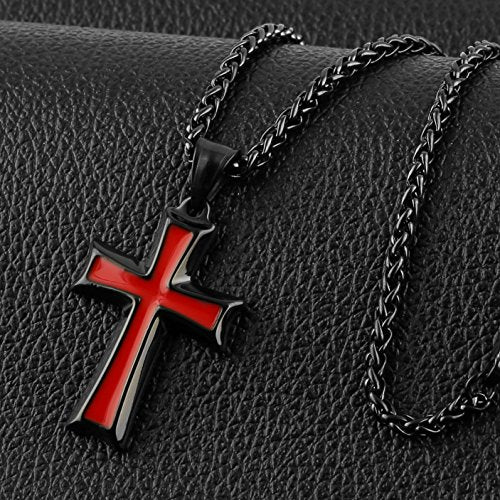 HZMAN Men's Stainless Steel Cross Pendant Necklace Jewelry Gift with Wheat Chain Black Red