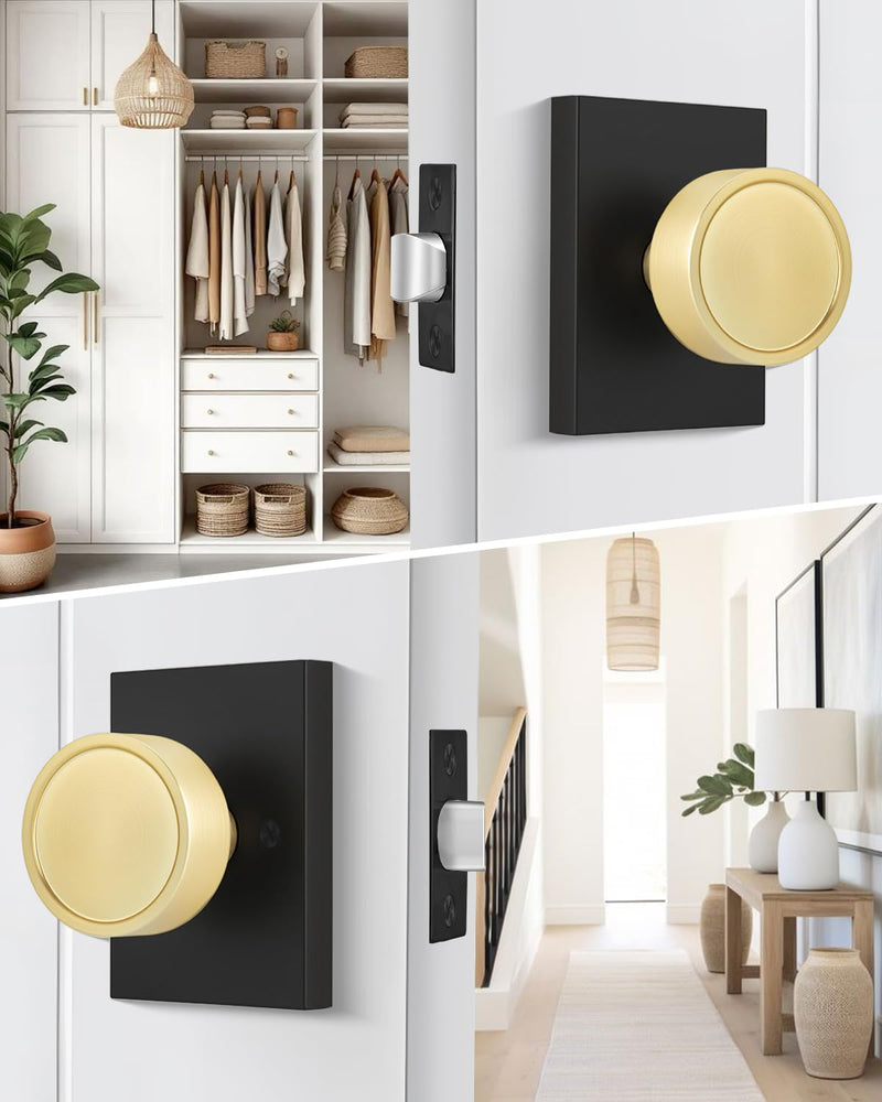 Goldenwarm Black Gold Closet Door Knob Interior, Zinc Alloy Matte Black Gold Passage Interior Door Knob, Rectangular Heavy Duty Modern Indoor DoorKnob for Closet, Hallway, 1 Pack Black Gold with Ring