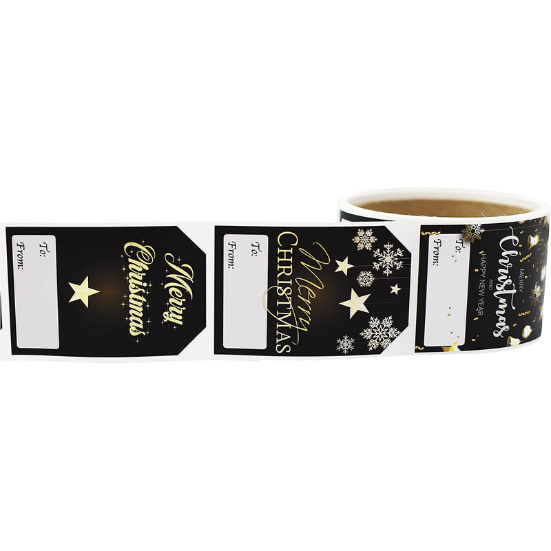 Black and Gold Christmas Gift Tags – 2 x 3 Inch Holiday Labels, Roll of 100 Stickers – Luxury ‘Merry Christmas’ and Classic Tree Adhesive Stickers, Made in The USA