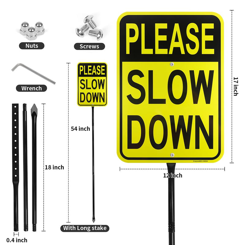 Large Please Slow Down Sign with 54" Metal Stake, 17"x 12" .040 Aluminum Sign - Reflective, UV Protected and Weatherproof