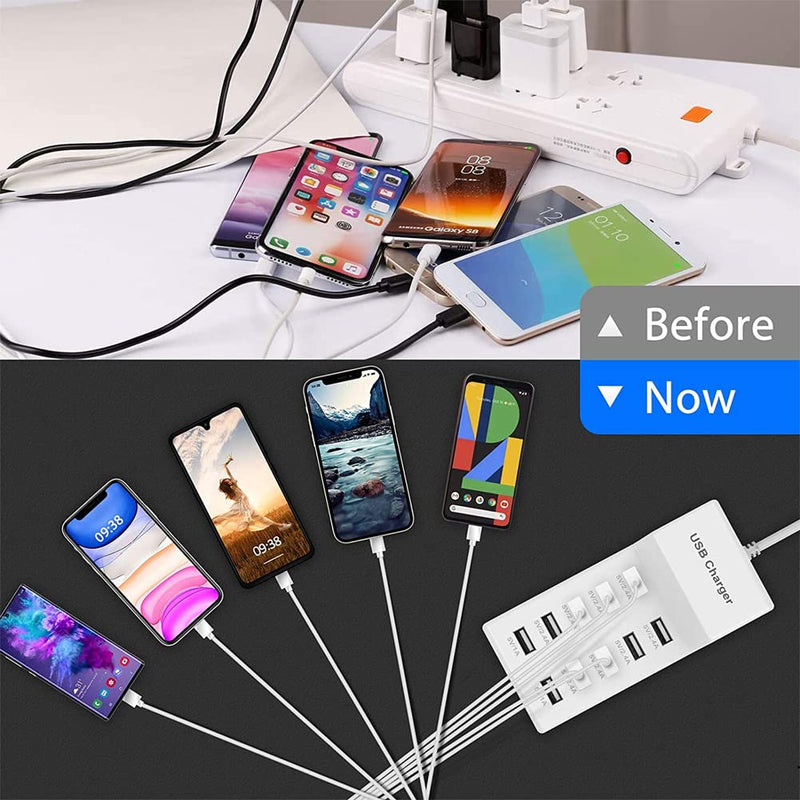 [Australia - AusPower] - 10-Port USB Wall Charger Station with Rapid Charging Auto Detect Technology Safety Guaranteed Family-Sized USB Ports for Multiple Devices Smart Phone Tablet Laptop Computer White 