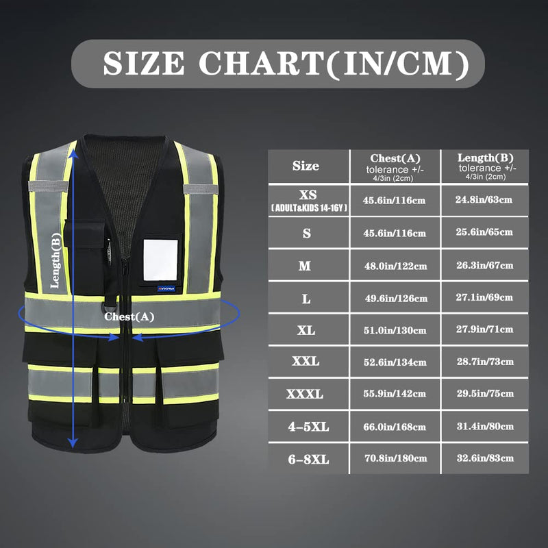 AYKRM Security Vest for Men Women 7 Pockets High Visibility Reflective Safety Vest Front Zipper Meets ANSI/ISEA Black Small