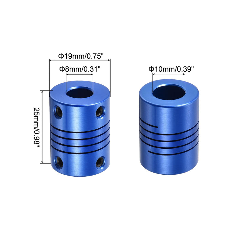 [Australia - AusPower] - uxcell 2Pcs 8mm to 10mm Aluminum Alloy Shaft Coupling L25xD19 Flexible Coupler with Screws for Encoders and Motors,Blue 2 