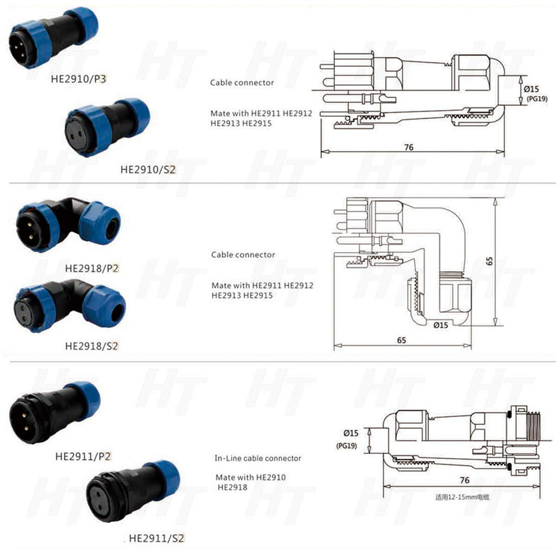 [Australia - AusPower] - HangTon HE29 2 Pin Plastic Waterproof Connector Threaded Outdoor Industrial Electrical Power Circular Male Female Angled Wire Cable Plug + Panel Socket (2 pin) 