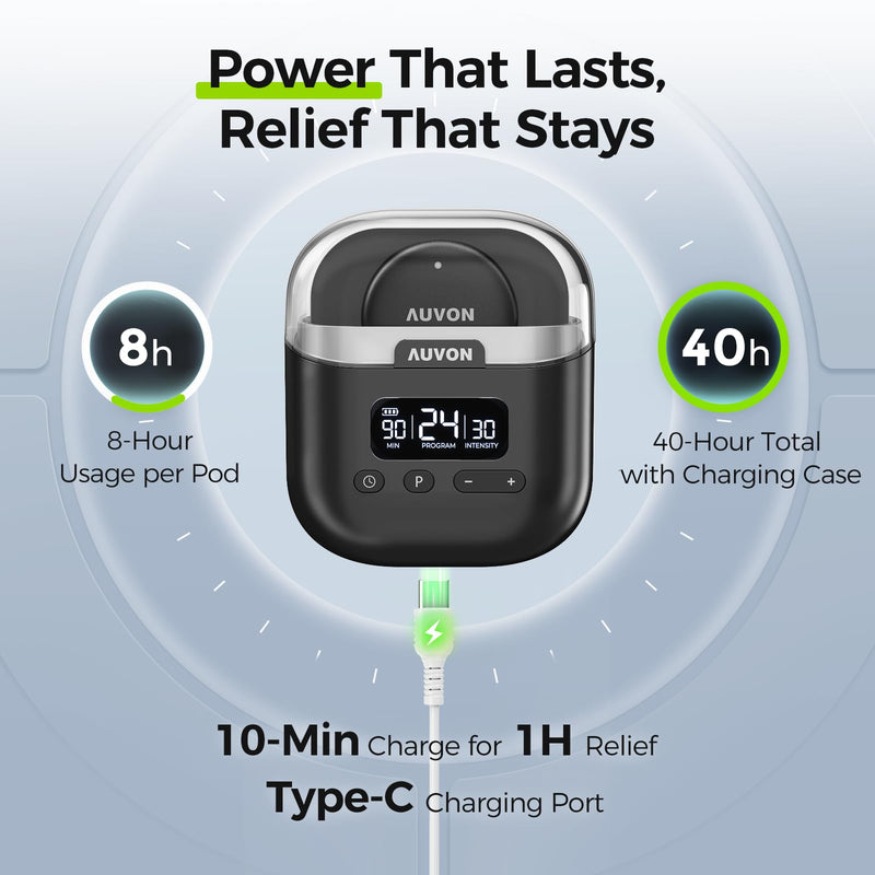 AUVON Wireless 24 Modes TENS Unit Muscle Stimulator for Pain Relief, Smart Rechargeable TENS Machine with Dual Size 6 TENS Pads for Physical Therapy, Pocket-Size TENS Device for Shoulder & Back Pain Black