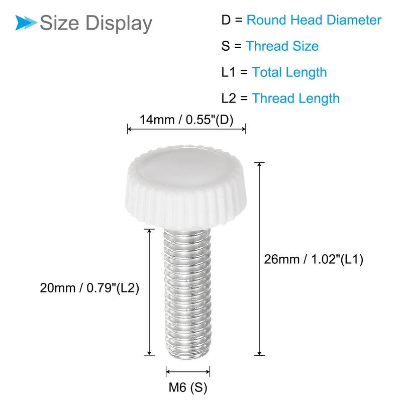 [Australia - AusPower] - Thumb Screw Knurled Knobs, M6 x 20mm Male Thread, White Round Head Clamping Screw Threaded Stud Hand Knobs Grip, (Applications: for Machinery Lathes), 30-Pieces 