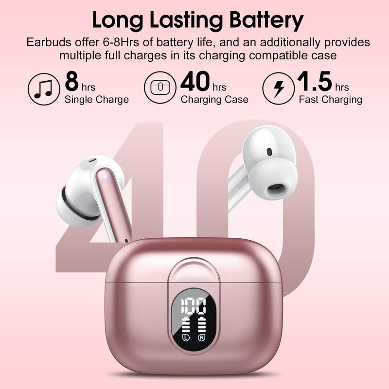 [Australia - AusPower] - Wireless Earbuds, 2024 Bluetooth Headphones 5.3 HiFi Stereo Earphones, 40H Playtime in-Ear Earbud, Bluetooth Earbud with Dual Mic Call, IP7 Waterproof Earphones Sport Headset for iOS Rose 