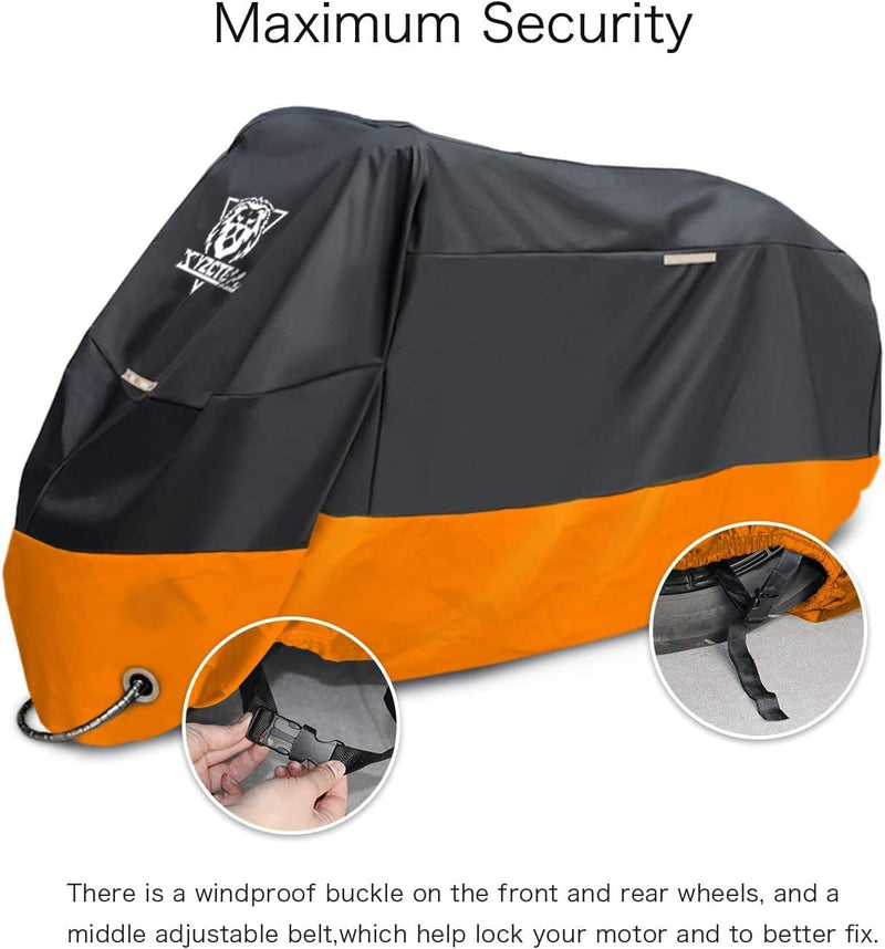XYZCTEM Motorcycle Cover – All Season Waterproof Outdoor Protection – Precision Fit up to 97 Inch Tour Bikes, Choppers and Cruisers – Protect Against Dust, Debris, Rain and Weather (Black& Orange) 97"