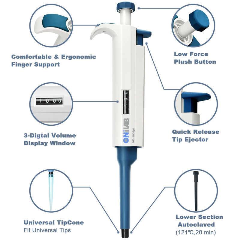 [Australia - AusPower] - ONiLAB 100-1000ul High-Accurate Pipettor Single-Channel Manual Adjustable Variable Volume Pipettes, 7010101014 