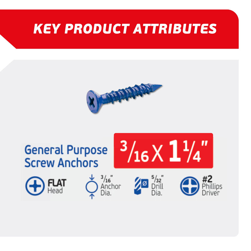 [Australia - AusPower] - 3/16 x 1-1/4" Countersunk Phillips Flat Head Blue Concrete Screw Anchors (100 pcs Screw Kit) with one Screwdriver and Drill Bit for Concrete, Masonry, Block, Brick and Wood fastening 3/16 x 1-1/4 