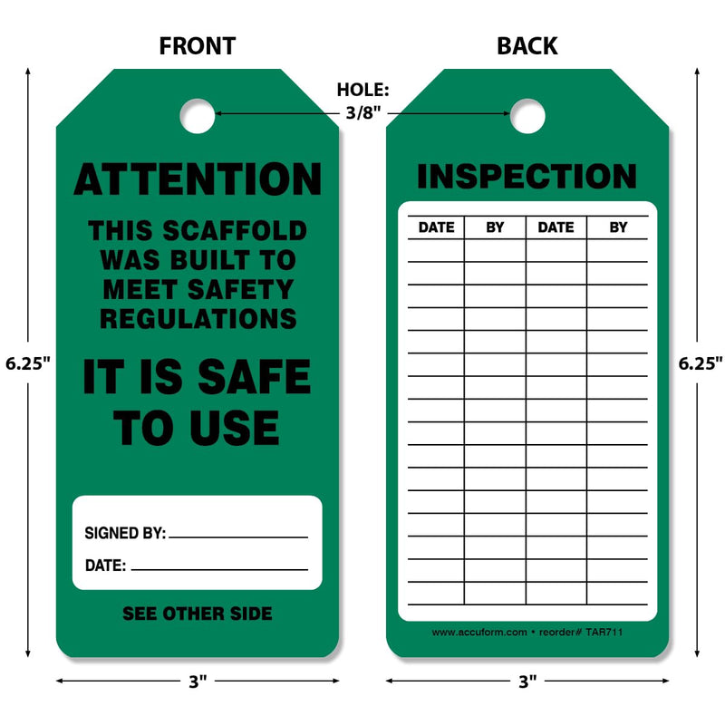 [Australia - AusPower] - 100 Scaffolding Tags by-The-Roll, Attention - Scaffold is Safe to Use, US Made OSHA Compliant Scaffold Tags, Waterproof PF-Cardstock, Resists Tears, 6.25"x3", TAR711 100 Tags 