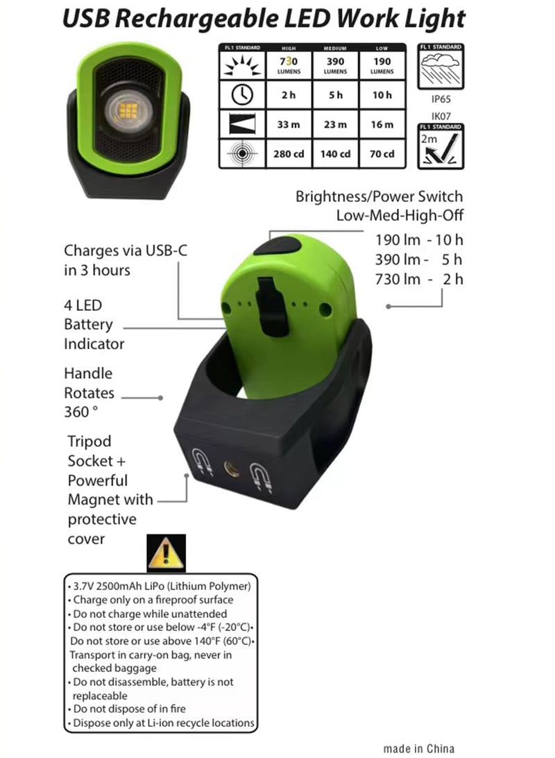 Upgrade 780 Lumens Little Cyclopia LED Rechargeable Magnetic Work Light,Waterproof Grade IP65,Anti-drop Impact Resistance IK07,USB Rechargeable Work Lights for Mechanics Workshop Green