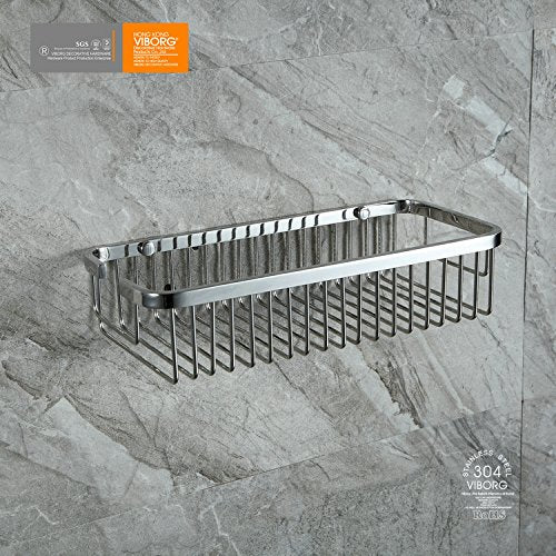 VIBORG Deluxe Solid Thick SUS304 Stainless Steel Wire Wall Mounted Single Tier Bathroom Rectangular Shower Basket Bath Caddy Shelf Organizer Storage Holder for Shampoo Conditioner Polished mirror-like