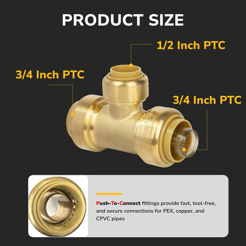 [Australia - AusPower] - 3/4" x 3/4" x 1/2" Reducing Tee, Push to Connect Brass Plumbing Fitting for Copper, CPVC, PEX Pipe, Heavy Duty Pushfit Pex Fitting with Upgraded Stiffener and Disconnect Clip, NSF & UPC Certified 3/4"x3/4"x1/2"-1Pack 