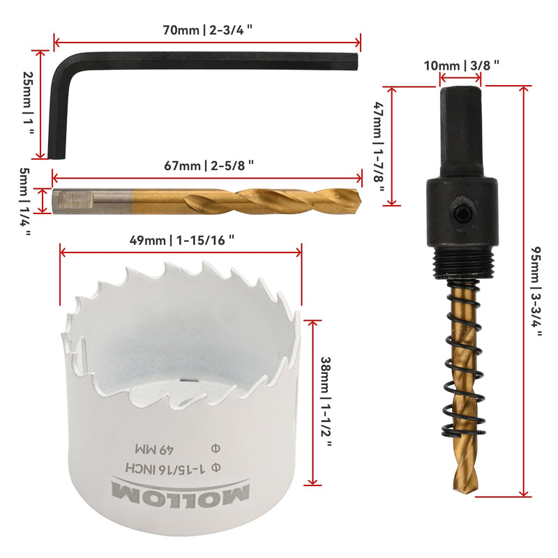 [Australia - AusPower] - (49mm | 1-15/16") HSS M42 with 8% cobalt BI-Metal Hole Saw with 2 Pilot Drill Bits & Arbor Smooth Cutting for PVC,Drywall,Wood,Plastic,Gypsum Board,Rubber 49mm | 1-15/16" 