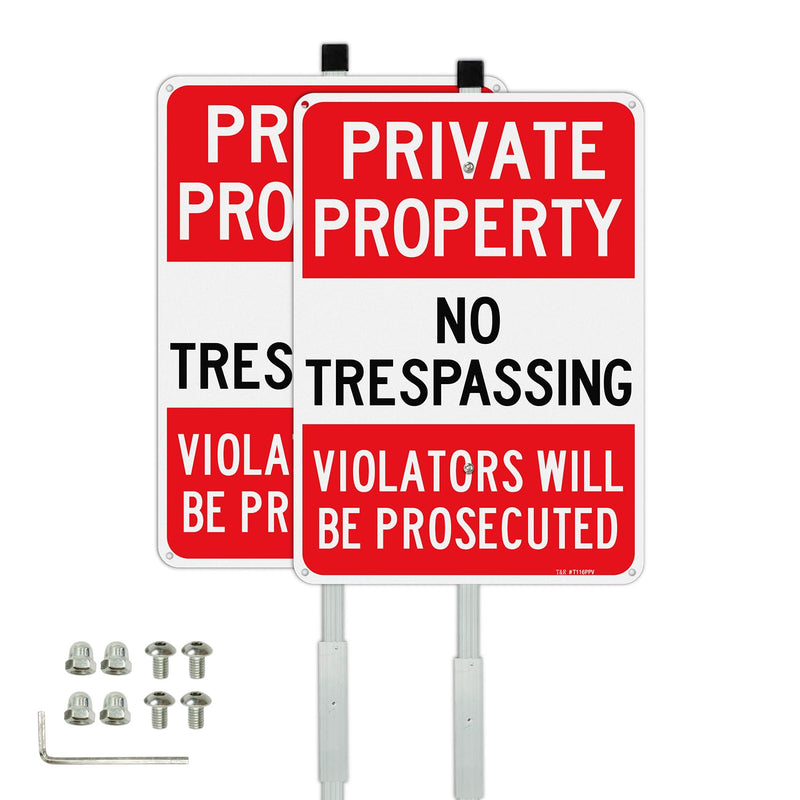 T&R Large Private Property No Trespassing Sign with 54" Stake for Outside - 2 Pack - 14"x10" .040 Rust Free Aluminum, Reflective, Waterproof, Weatherproof and Fade Resistant, 6 pre-drilled holes,Includes Matching Screws & Wrench, Easy to Mount