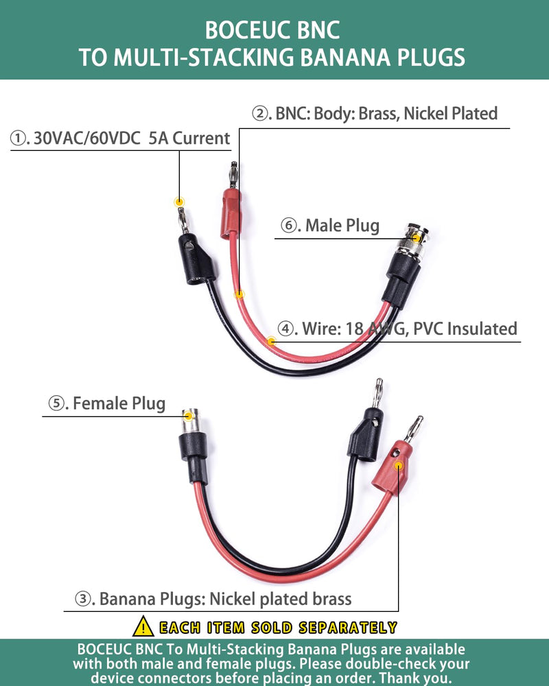 [Australia - AusPower] - BNC Test Leads, BNC (F) to Multi-Stacking Banana Plugs, Test Lead Breakout Cable for Multimeter, 5A Current Rating, 1 Pack Female Plug 