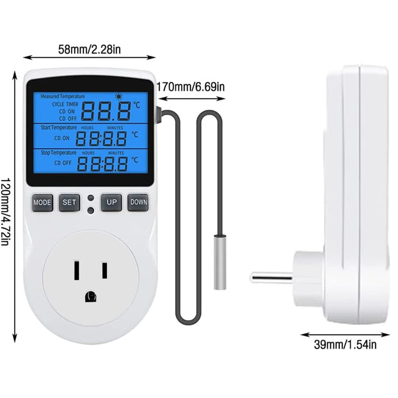 [Australia - AusPower] - Backlit Digital Temperature Controller, LCD Screen Heating Cooling Thermostat Outlet Socket with Sensor Timer Regulator for Reptile Incubator Greenhouse Brewing Refrigerator, 110V, 15A, ?/? 