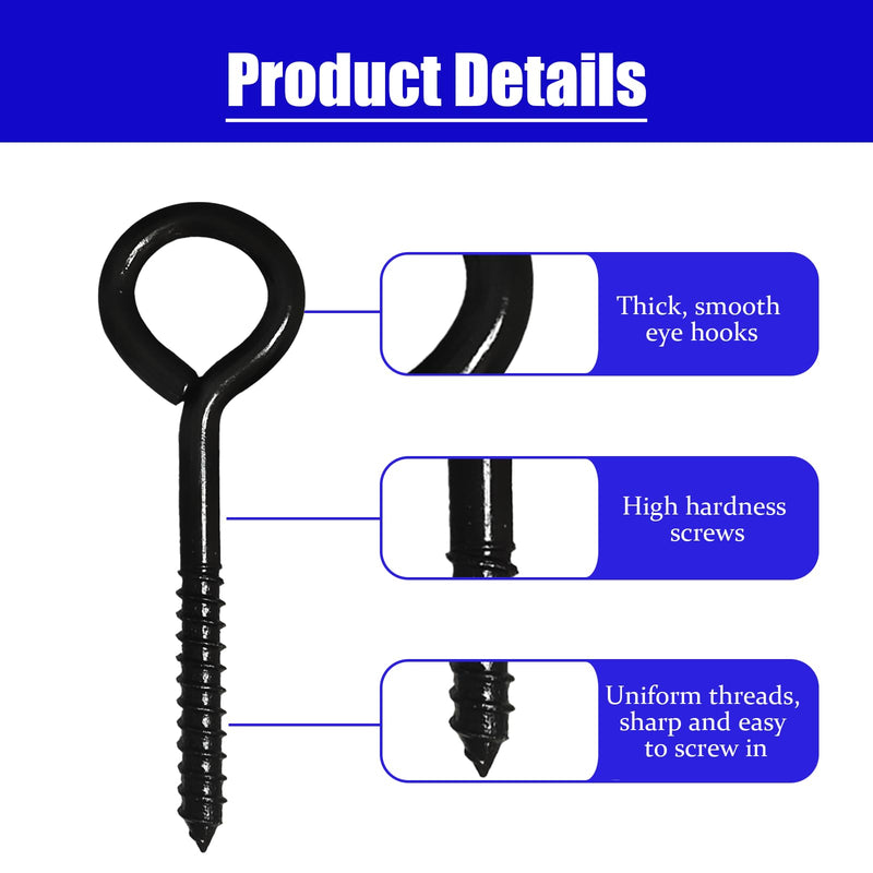 [Australia - AusPower] - 6'' Eye Hooks Screw, 4 Pcs Black Eye Hooks Heavy Duty 700LBS Breaking Strength Stainless Steel Self Tapping Eye Bolts for Hammock Swing Securing Cables Wire 
