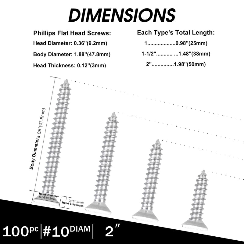 White Head 100 PCS #10X2 Stainless Steel Phillips Flat Head Wood Screws,Stainless Steel 18-8 A2(304) Screw,Home Screw Kit by QISHENG #10X2" White