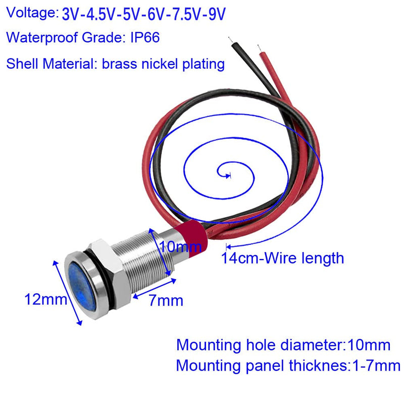 [Australia - AusPower] - 10mm 3V-4.5V-5V-6V-7.5V-9VDC Waterproof Signal Indicator Lamp with Wire, Energy Saving LED Metal Indicator Light(5pcs x Blue) 