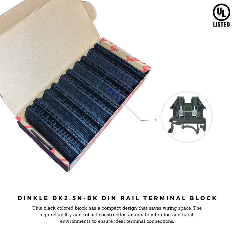 [Australia - AusPower] - Dinkle Black DK2.5N-BK DIN Rail Terminal Block Screw Type UL 600V 20A 12-22AWG, Pack of 100 