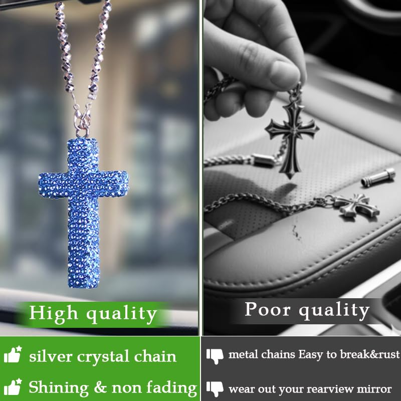 Cross for Car Mirror Hanging,Christian Car Accessories &Rearview Mirror Accessories，Sparkling Rhinestone Cross for Men & Women Blue