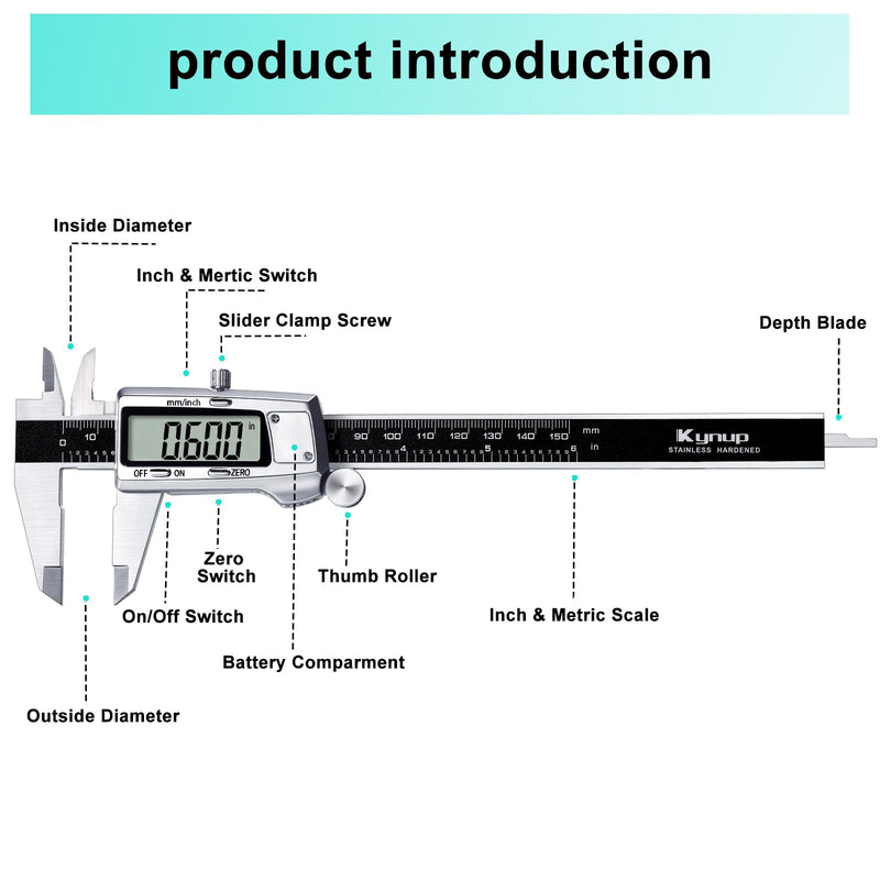 Kynup Digital Vernier Caliper, 150 mm Calliper Digital Stainless Steel | Electronic Digital Caliper Measuring Tools, Digital Calliper for Household and Industrial Measuring Gauge, Black