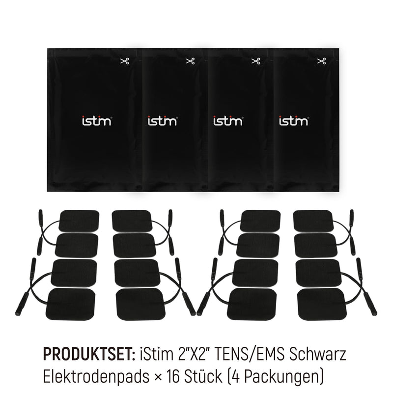 iStim 16 TENS Electrodes 5 x 5 cm - Super Soft, Self-Adhesive & Reusable Black Pads for TENS EMS Devices - Certified Medical Device for Pain and Muscle Therapy with 2 mm Connection