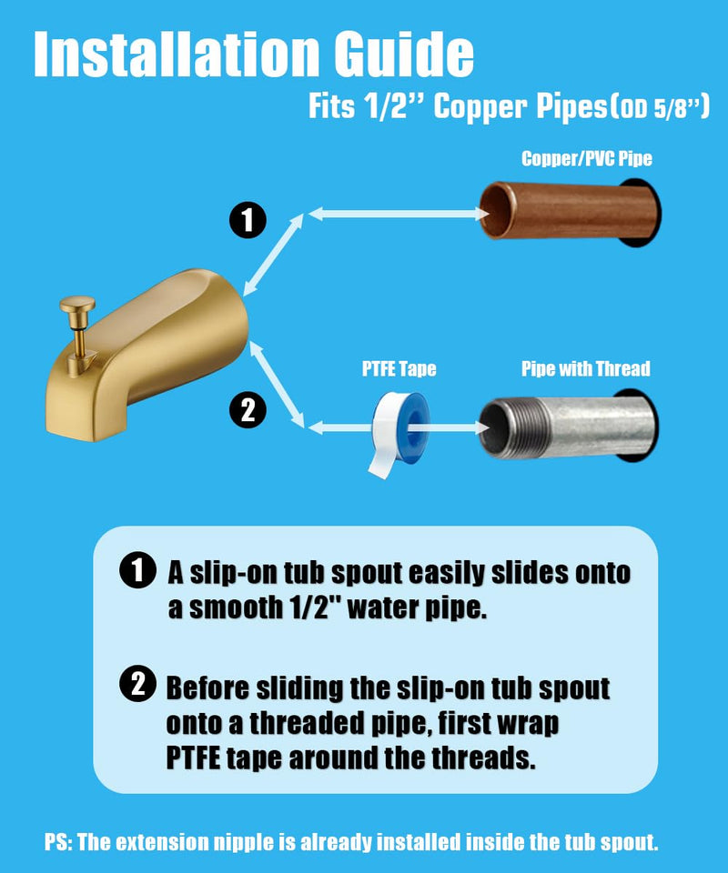 Tub Spout with Diverter, Slip On Bathtub Spout Fits 1/2'' Copper Tube(5/8'' Dia), Bathroom Tub Faucet with PTFE Tape & Hex Wrench, Brushed Gold