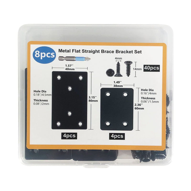 [Australia - AusPower] - 8 Pack Black Flat Mending Plate 3.15x1.57 & 2.36x1.49'', Stainless Steel Bracket, Straight Metal Brace Bracket, Fixing Joining Plate for Wood Furniture Fastening & Fixing Black, 3.15x1.57 & 2.36x1.49'' 8 