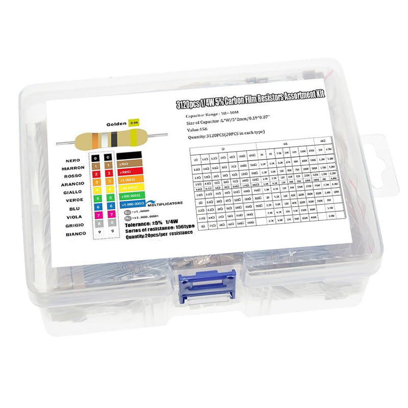 [Australia - AusPower] - 156 Values 3120PCS Resistor Kit 1/4W 5% Carbon Film Resistors 1 Ohm-10M Ohm Assortment Kit for DIY Projects and Experiments 