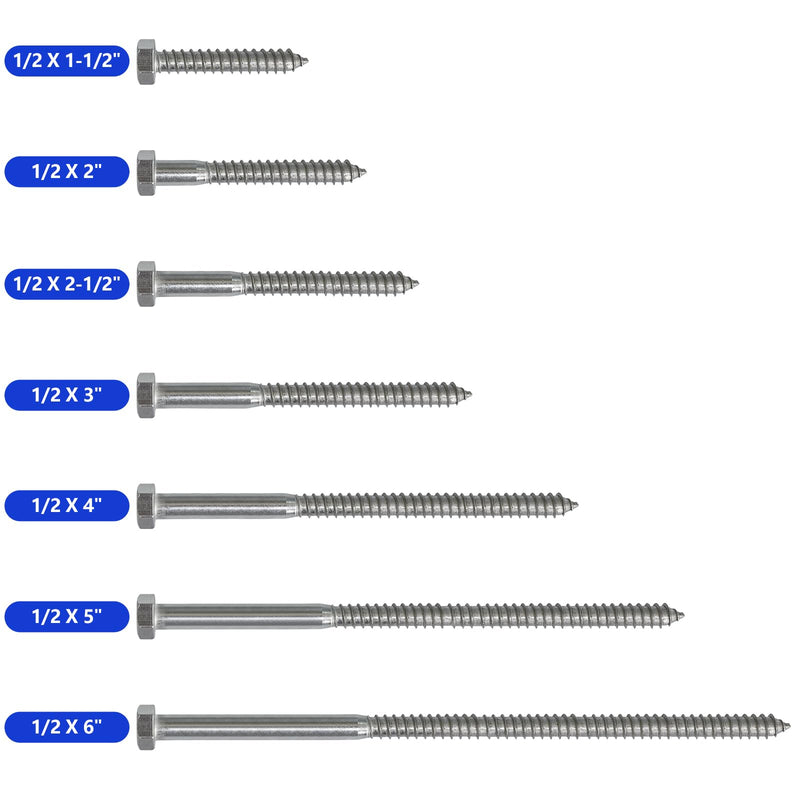 [Australia - AusPower] - 1/2 X 6" Hex Head Lag Screws Bolts, 304 Stainless Steel 18-8, Hexagon Head Wood Screws Hex Lag Screws, Pack of 1 1/2 X 6" 