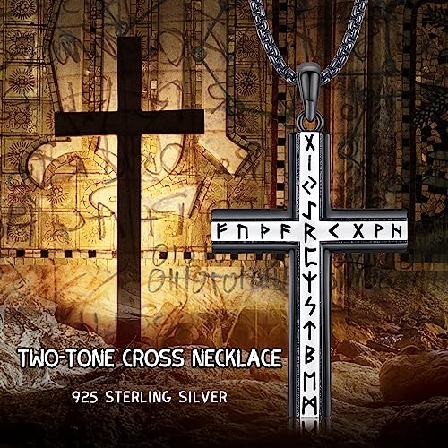 Midir&Etain Cross Necklace for Women Men Sterling Silver Religious Cross Pendant Necklace Jewellery Gifts for Boyfriend Girlfriend D-Rune(Two-tone)