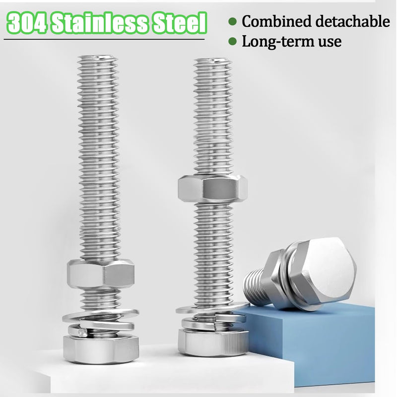 [Australia - AusPower] - 5 Sets 3/8-16×3" Stainless Steel Hex Head Screws Bolts, Nuts, Flat & Lock Washers, 18-8(304) Full Thread Silver 3/8-16 × 3"（5 Sets） 