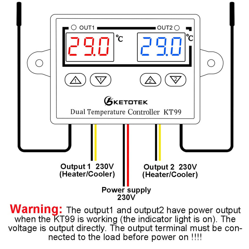 [Australia - AusPower] - Ketotek Thermostat, Heating and Cooling Digital Temperature Monitor, Thermostat, with 2 Sensor Output Power, Direct for Aquarium and Incubator Heating, Terrarium Reptiles Mat AC 230 V 