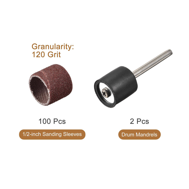 [Australia - AusPower] - uxcell 100 Pcs 1/2 Inch Sanding Sleeves Sandpaper Set 120 Grit with 2 Pcs 1/8 Inch Drum Mandrels for Rotary Tools 