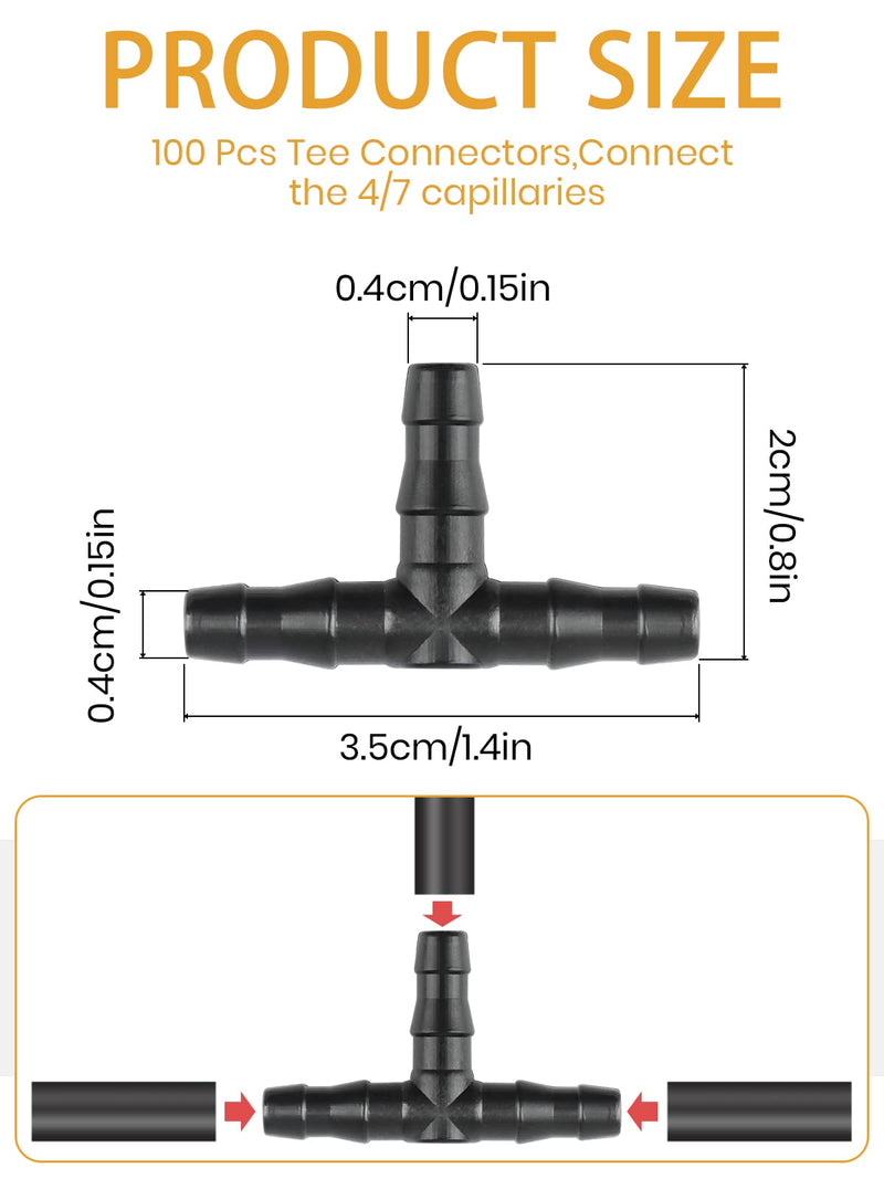 [Australia - AusPower] - 100pcs 1/4" Universal Barbed Tee Fittings, Kalolary Barbed Connectors Drip Irrigation for 1/4 Inch Water Hose Connectors 4mm/7mm Water Tube Drip Irrigation Watering System 100pieces 