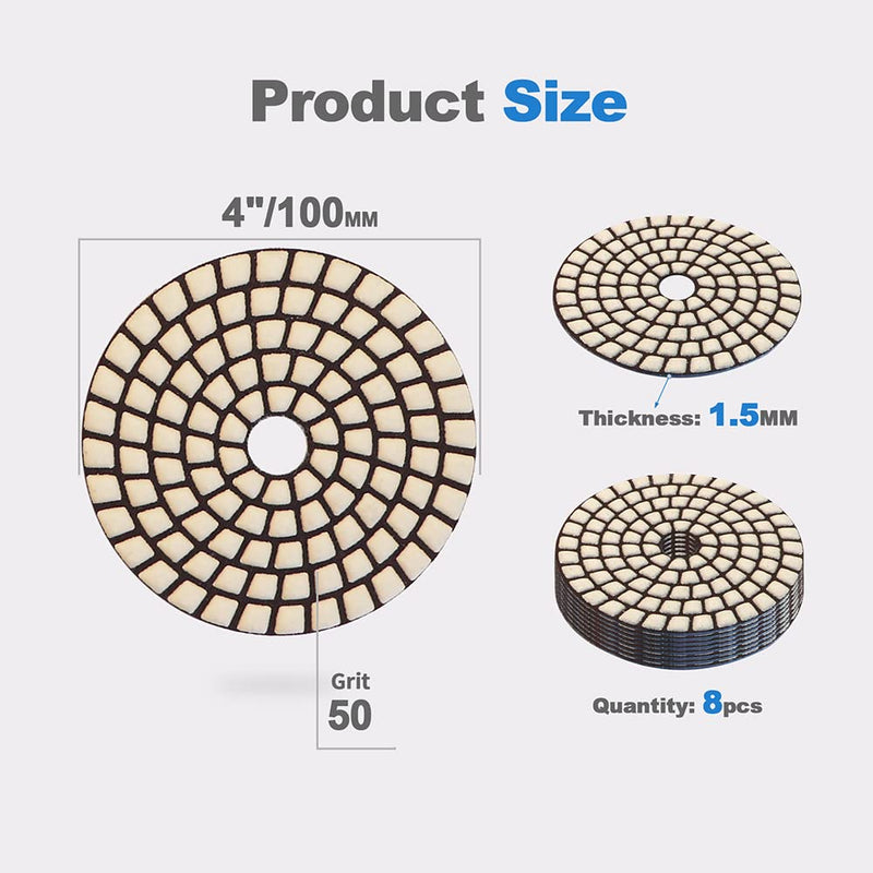 [Australia - AusPower] - HIGHDRIL Dry Diamond Polishing Discs - Pack of 8 #50 Diamond Polishing Pads for Granite Stone Marble Floor Grinder or Polisher Diameter 4 Inches / 100 mm 100mm 
