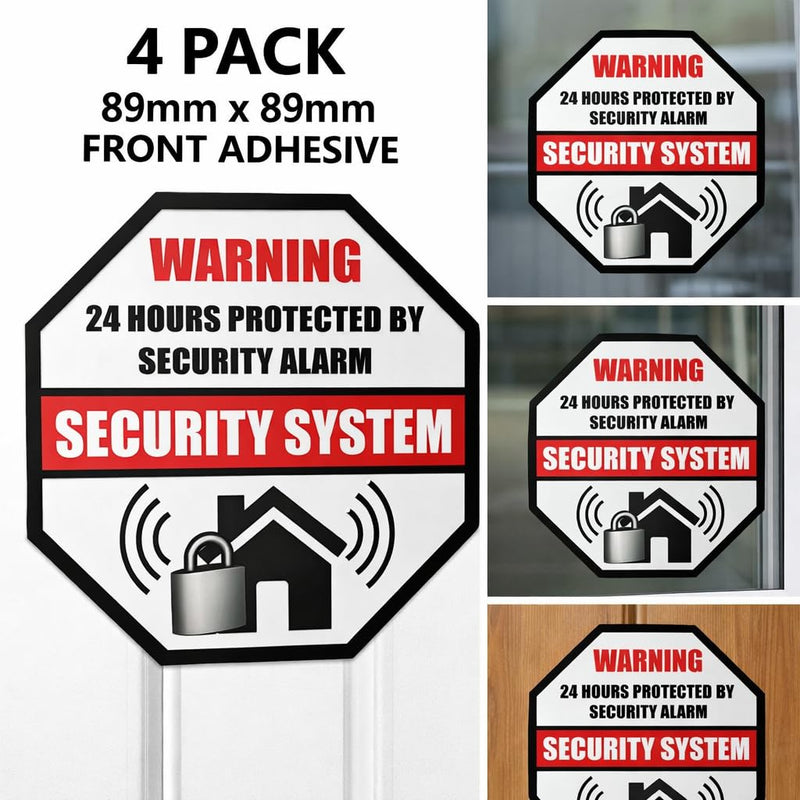 Front Self Adhesive Vinyl Outdoor/Indoor (4 Pack) 89mm X 89mm Home Business Security Burglar Alarm System Window Door Warning Alert Sticker Decals
