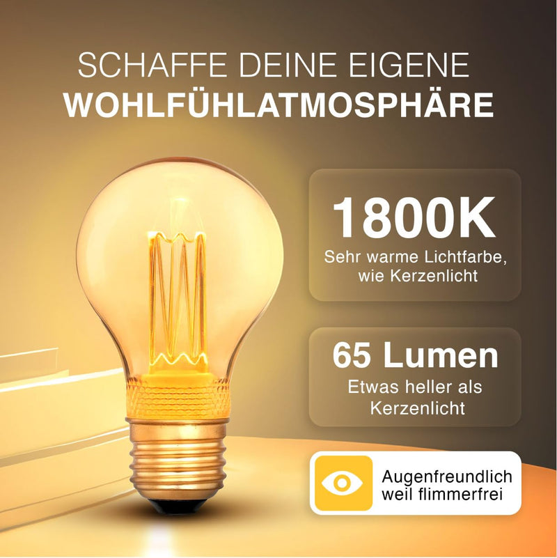 Greenandco® Vintage Design LED Bulb for Mood Lighting, E27 A60 Edison Light Bulb, 2 W 65 lm 1800 K Gold Extra Warm White, 320°, 230 V, Flicker-Free, Not Dimmable 1 pc.