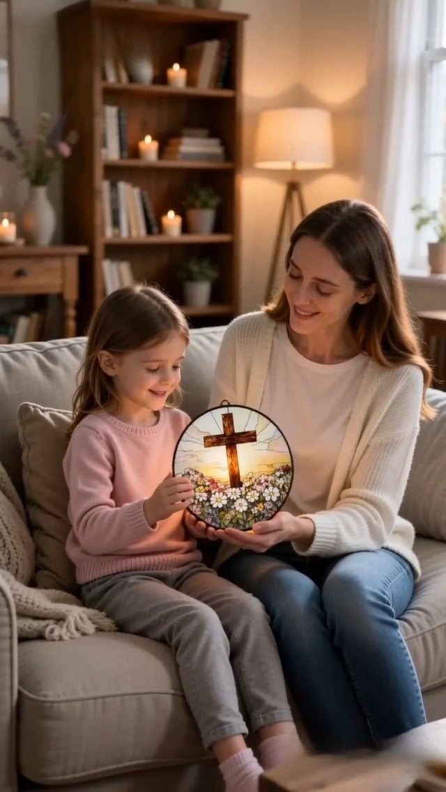 8 Inch Stained Glass Cross and Wildflowers Suncatcher Christian Stained Glass Windows Hanging Flower Cross Gift for Religious Mother's Day Faith Christian Gifts Religious Home Decor Cross & Wildflowers