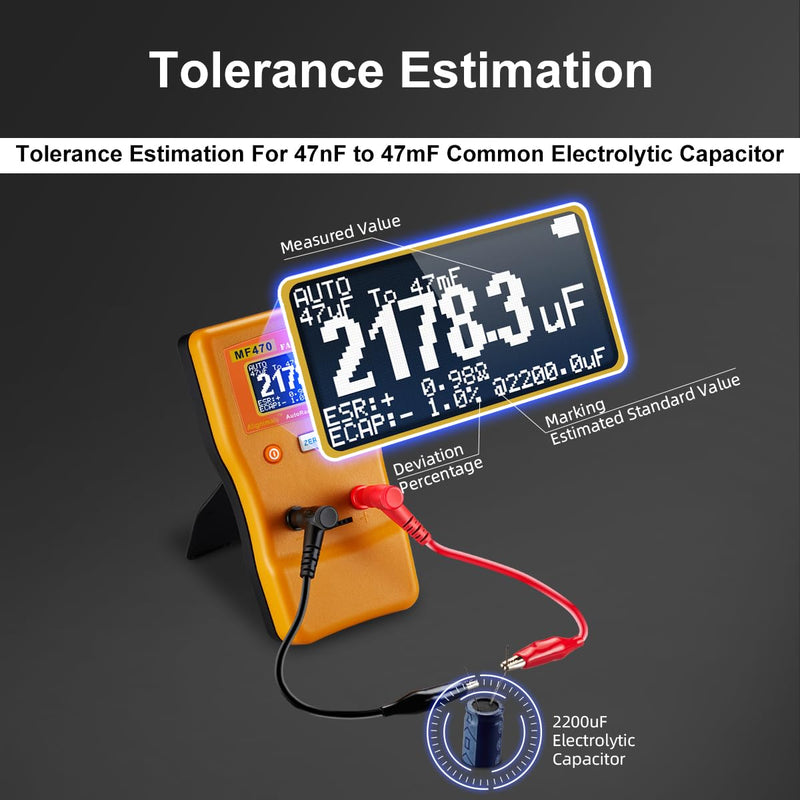 Capacitor Tester, MF470 Auto Ranging Capacitance Meter, Professional Measuring Capacitance Resistance, ESR Capacitor Meter Car Audio Farad Super Capacitor Measurment 0.01pF to 470,000,000uF