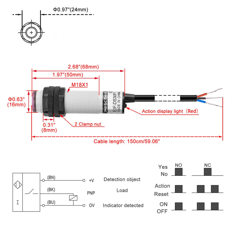 [Australia - AusPower] - Heschen M18 Column Infrared Photoelectric Proximity Switch, Diffuse Reflection Type, E3F-DS30P1, Detection Distance 10-30cm, 10-30VDC 200mA, PNP Normally Open (NO), 3 Wires 