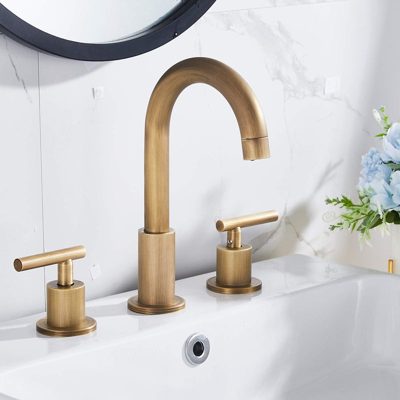 2-Handle Bathroom Faucet 3 Holes 360 Swivel Spout Antique Brass Widespread Bathroom Sink Faucet with Pop Up Drain Brass Antique